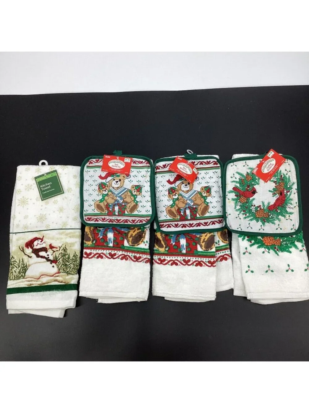Vtg Set of 4 Holiday Christmas Sentiments Kitchen Towels & 3 Potholders 90s NWT!